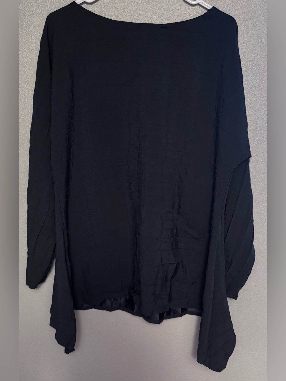 Babette Women's Black Long-Sleeve Draped Blouse, Shark Bite Hem, Front Pocket